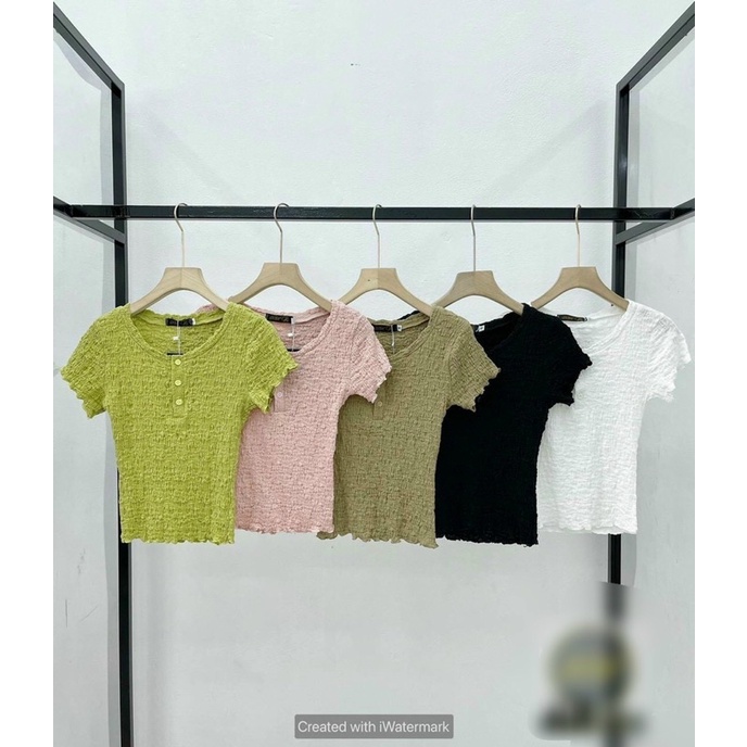Áo kiểu cổ trụ cúc vải nhăn, Áo thun kiểu dáng ôm ngắn tay AK508 - NhiNhi Shop