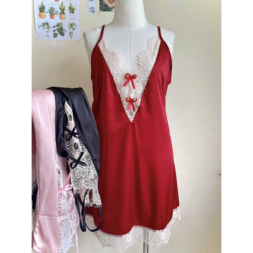 MỚI  SX077 -Váy ngủ sexy lụa satin quảng châu KELLY WANG ( 4 màu như hình)