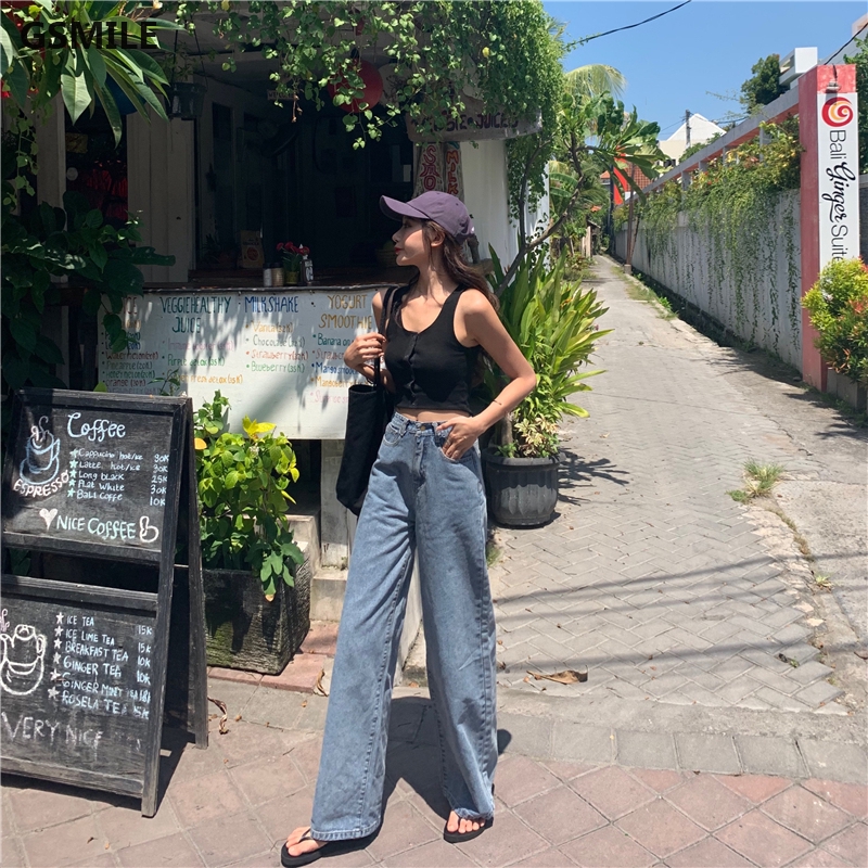 Quần jeans nữ ống rộng kiểu dáng đơn giản phong cách Hàn Quốc | BigBuy360 - bigbuy360.vn