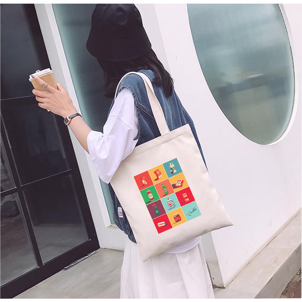 Túi tote vải mộc GINKO dây kéo in hình pop art retro M107