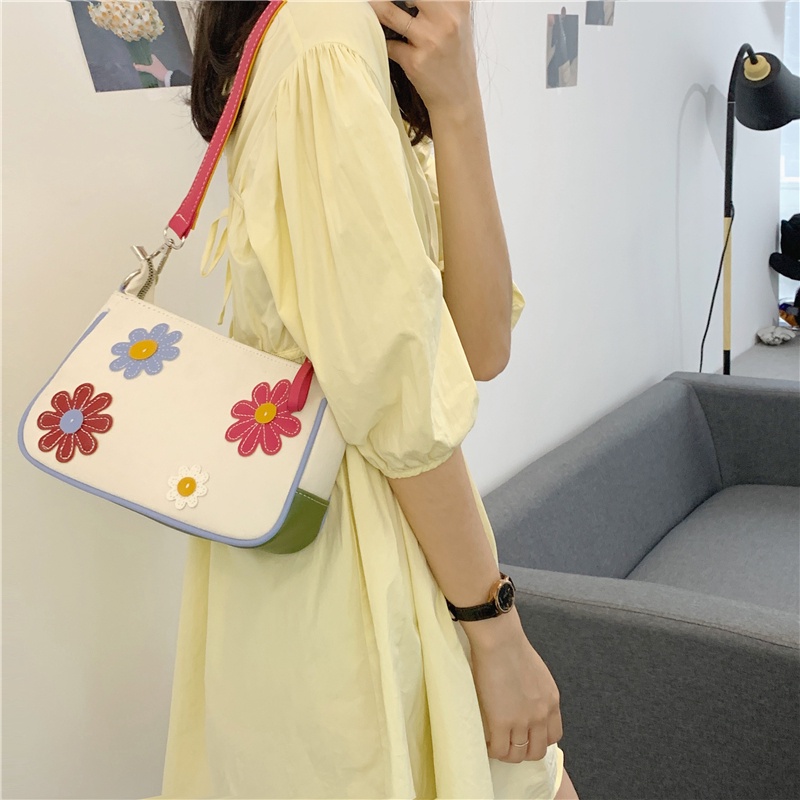 Túi IELGY đeo vai vải canvas họa tiết hoa màu sắc tương phản thời trang cho nữ