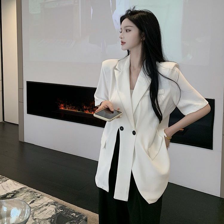 Design sense minority suit jacket women's thin loose temperament forked short suit blouse summer 2022 new style