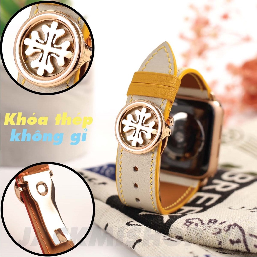 [DÂY DA THẬT] DÂY DA BÊ SWIFT MAY TAY THỦ CÔNG MÀU KEM CHỈ VÀNG KHÓA PATEK CHO APPLE WATCH SERIES 1=&gt;6 (BẢO HÀNH 1 NĂM)