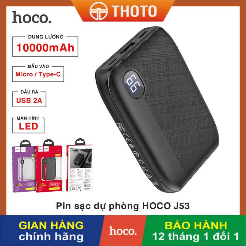 Pin sạc dự phòng di động Hoco J53 dung lượng 10000mAh, đầu ra 2 cổng USB 2A, có màn hình LED - Hàng chính hãng