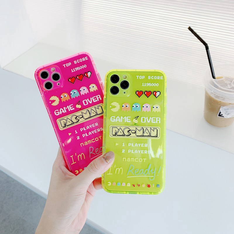 Fluorescence Color iPhone Case 11 Pro Max 7/8 Plus X XR XS Max Phone Case Cute Pac-Man Retro Game Pacman Apple Cover Couple Transparent Clear Casing Camera Protector Shockproof Shell