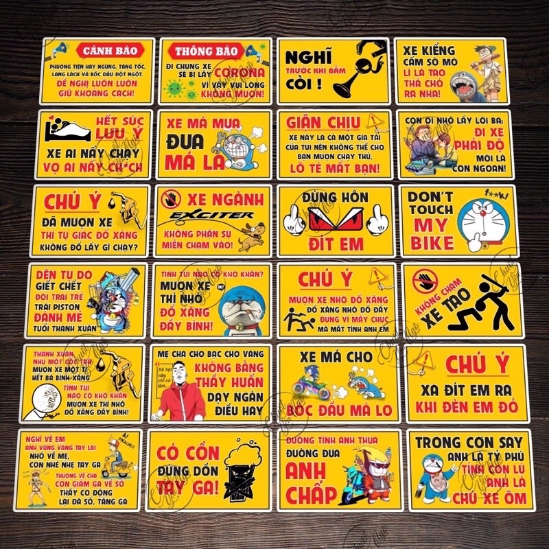 Combo 24 tem xe decal cảnh báo vui dán nón bảo hiểm , xe máy , vali ... mã số NT 24