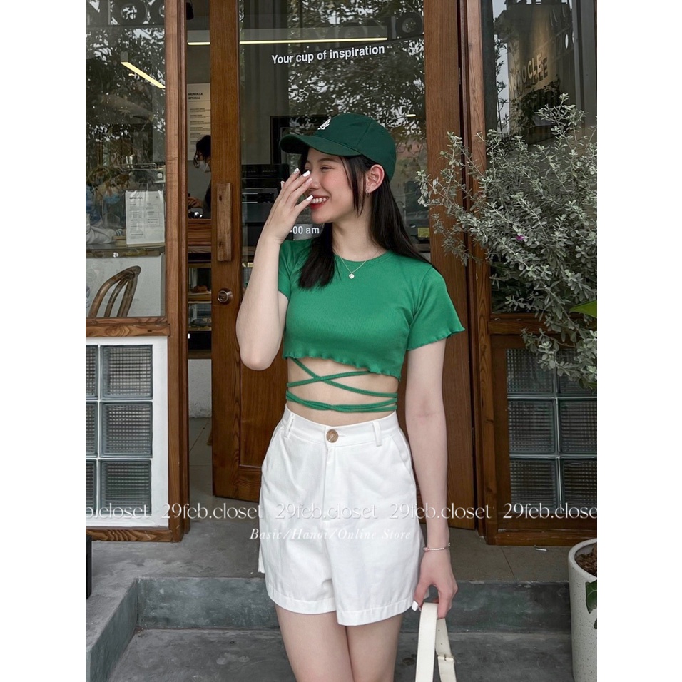 [Ảnh thật/Video] Áo thun gân croptop đan dây lưng - 29feb.closet - A52