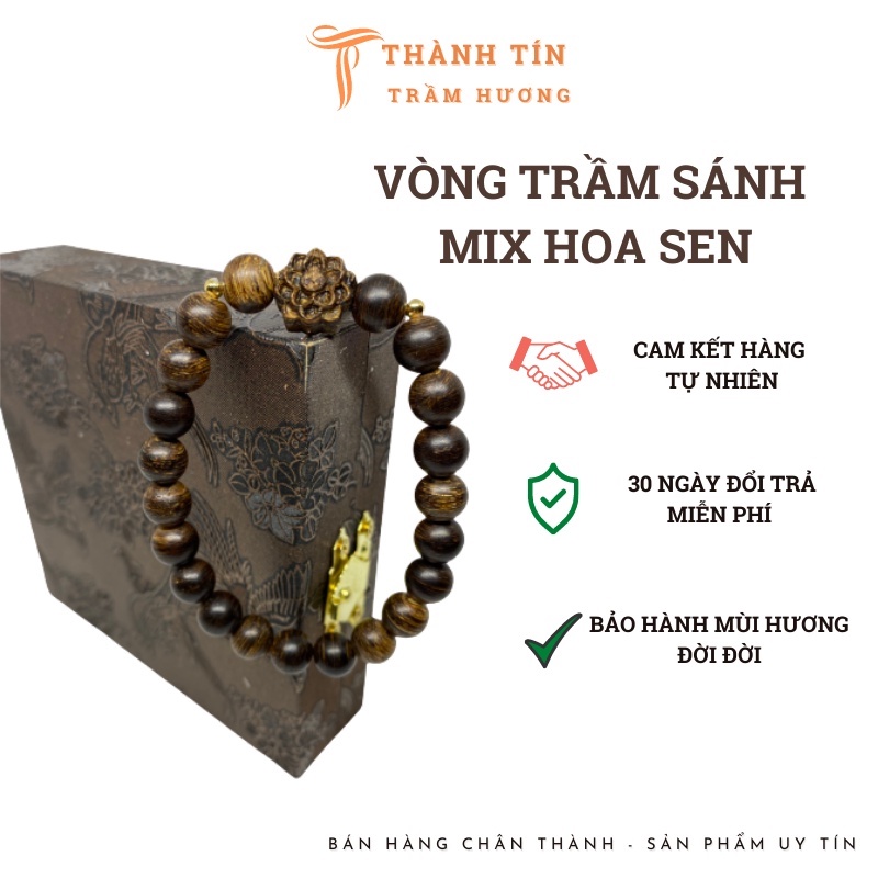 Vòng tay nữ sánh chìm mix charm hoa sen bi vàng 6mm 8mm mùi thơm thanh dịu đời đời Thành Tín Trầm Hương 007