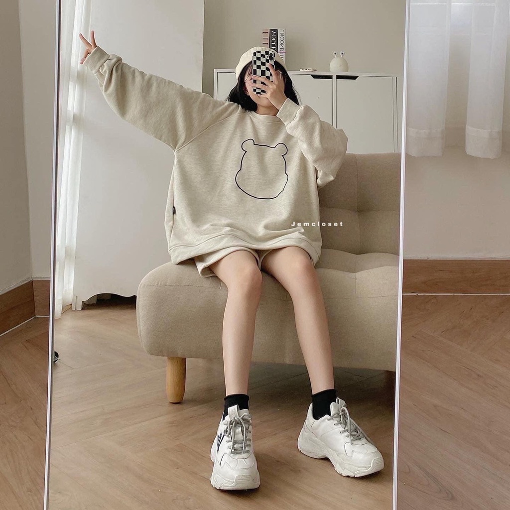 Bộ Nỉ Áo Sweater Kèm Quần Sort - Set Bộ Tay Phồng Form Rộng Phong Cách Hàn Quốc Hình Gấu