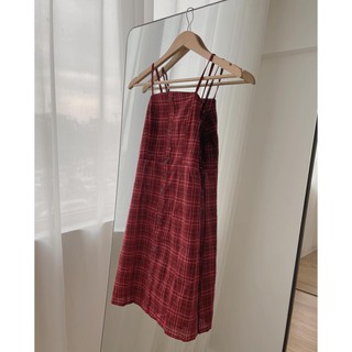 VÁY 2 DÂY THÔ THẮT NƠ LƯNG KẺ ĐỎ TRẮNG