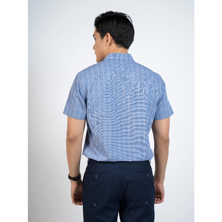 Áo sơ mi nam ngắn tay OWEN BA220008NT somi công sở vải sợi tre cao cấp màu xanh tím caro trắng dáng body fit tà bằng