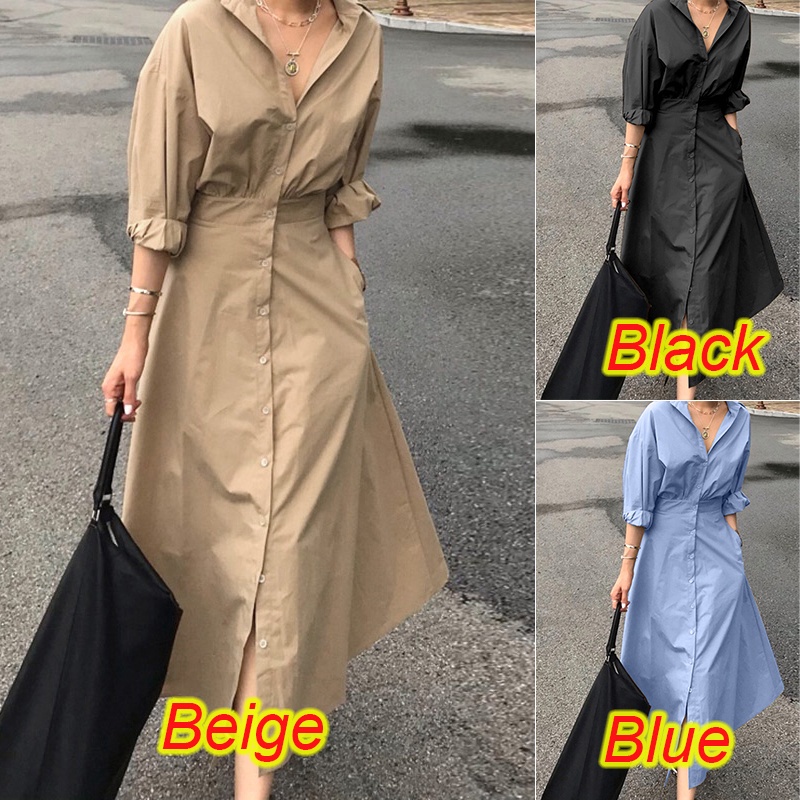 Đầm Dài ZANZEA Dáng Rộng Chữ A Lưng Cao Tay Dài Cổ Có Ve Áo Thời Trang Cho Nữ