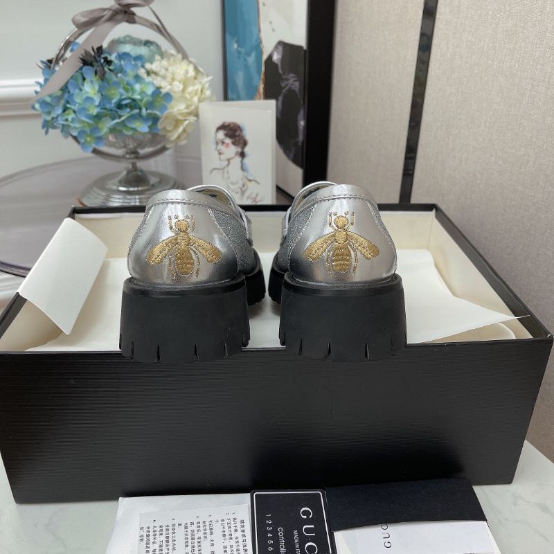 Giày lười loafer nữ da thật mũi tròn đế răng cưa cao 5cm Gucci GC