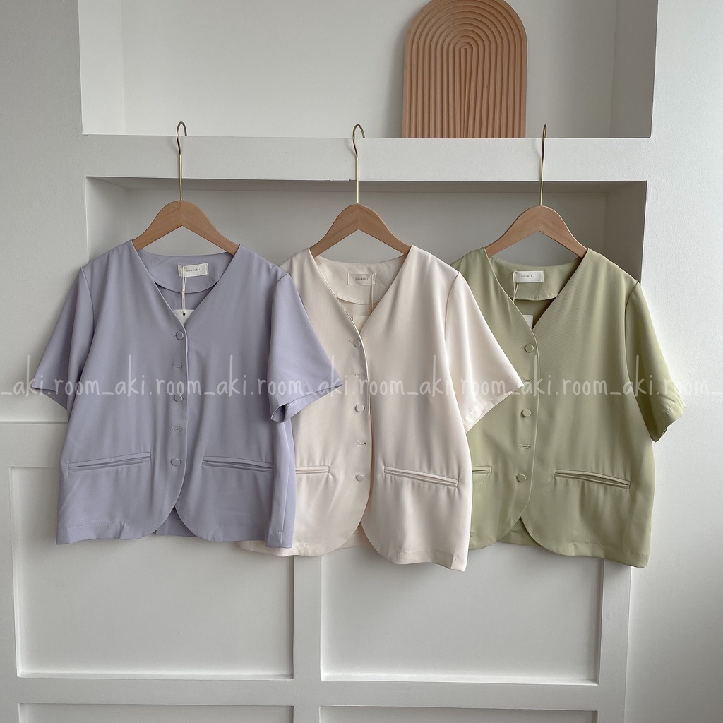 Áo blazer cộc tay một lớp cổ V cúc bọc chất mềm mát DJ 847