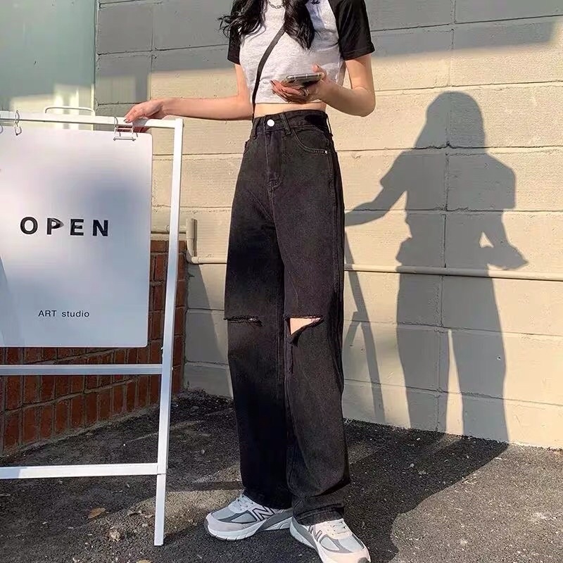 Quần jeans đen rách gối Ulzzang dáng thụng | quần suông | baggy