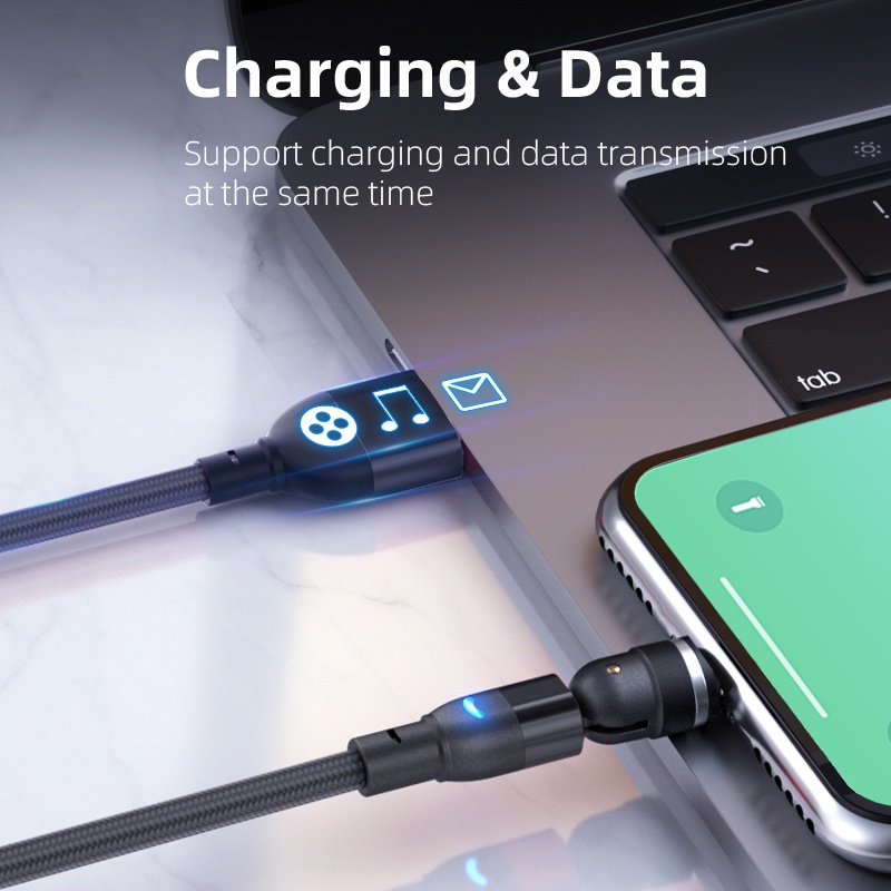 Cáp sạc nhanh AUFU micro usb type C xoay 540 độ dài 1/ 2/ 3m có nam châm cho Android