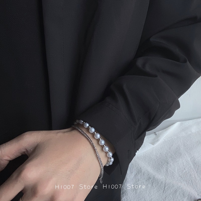 Vòng Tay Hai Lớp Bằng Thép Titan Đính Ngọc Trai Thời Trang