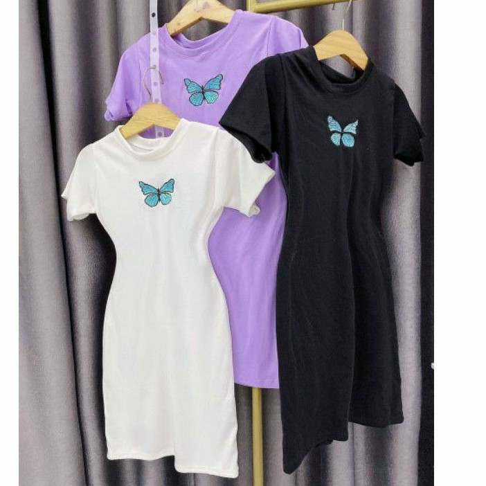 Đầm body tay ngắn thêu bướm (thun loại 1)
