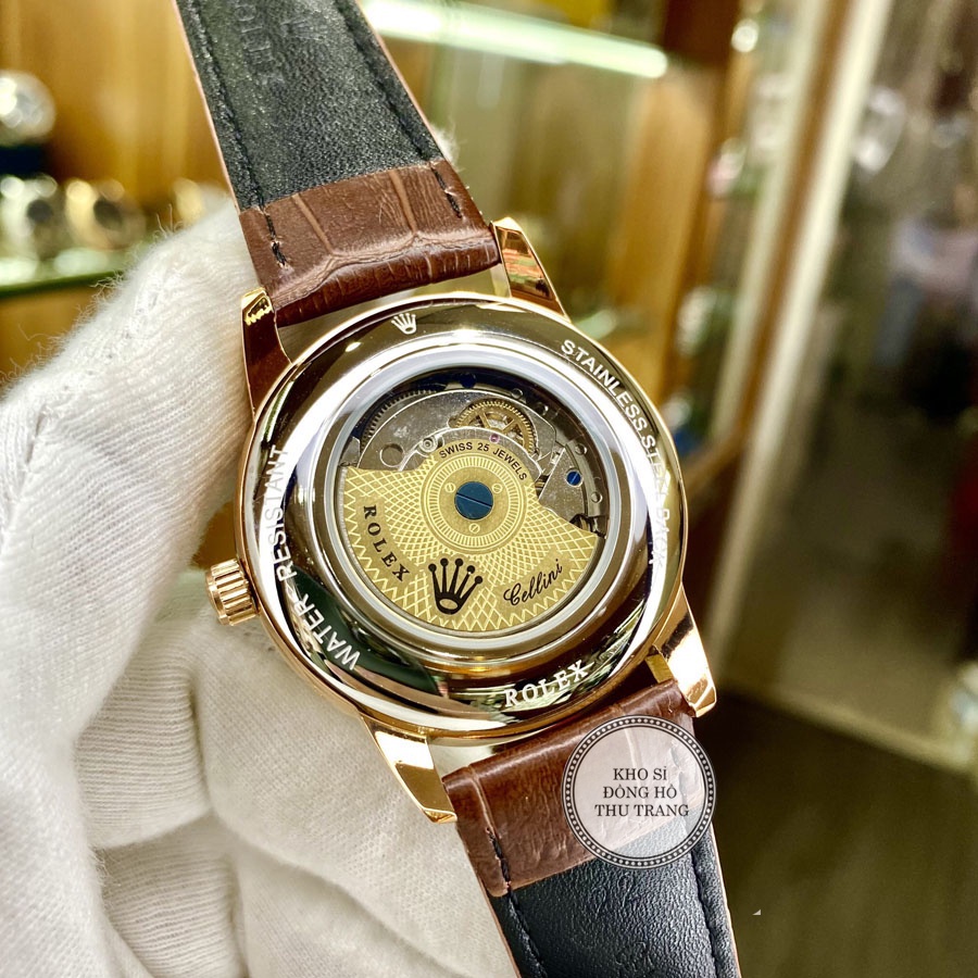 Đồng hồ Nam Rolex máy nhật, mẫu 6kim đính đá, mặt nâu cafe viền vàng, dây da, dòng cơ Automatic size 40mm-41mm | BigBuy360 - bigbuy360.vn