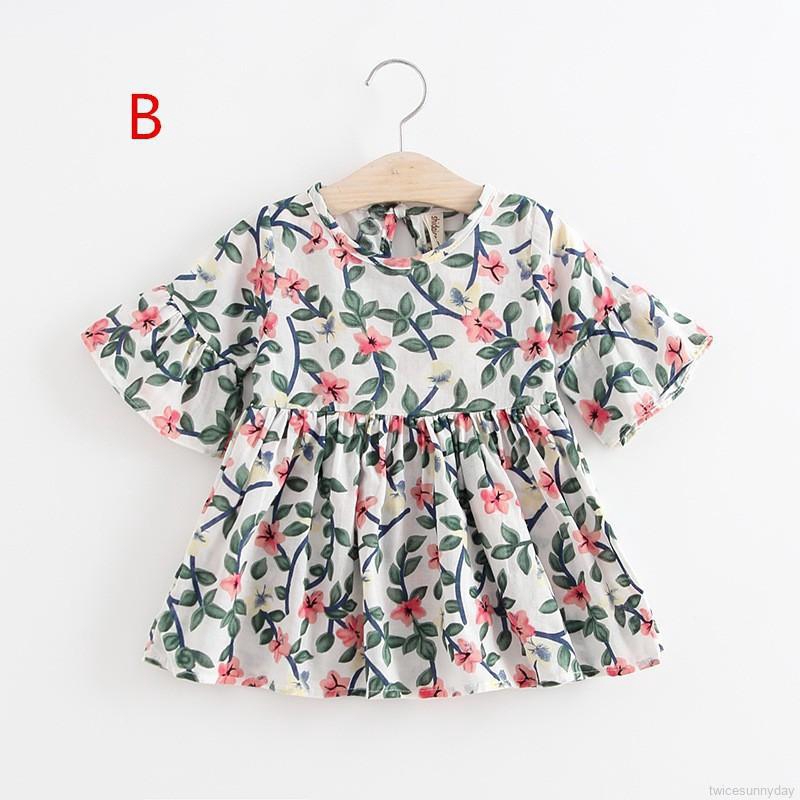 Đầm cotton mỏng tay ngắn loe in họa tiết hoa phong cách retro mùa hè xinh xắn cho bé gái