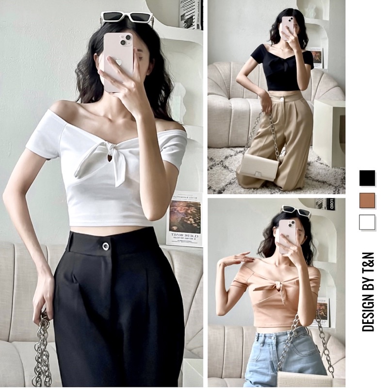Áo trễ vai croptop nơ trước ngực với thiết kế tay ngắn, tiểu thư thanh lịch T&N TSHIRT COLLECTION chất borip cotton.