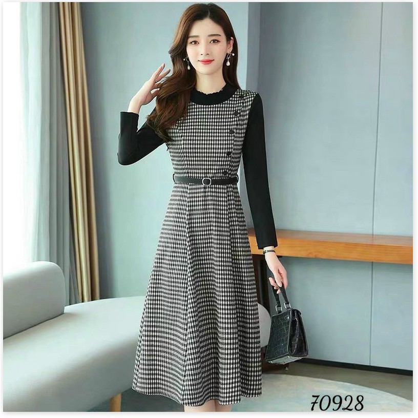 ĐẦM SUÔNG CARO CÔ TRÒN PHỐI NÚT CÁCH ĐIỆU CỰC SANG TRỌNG CÓ ĐỦ SIZE S M L XL XXL