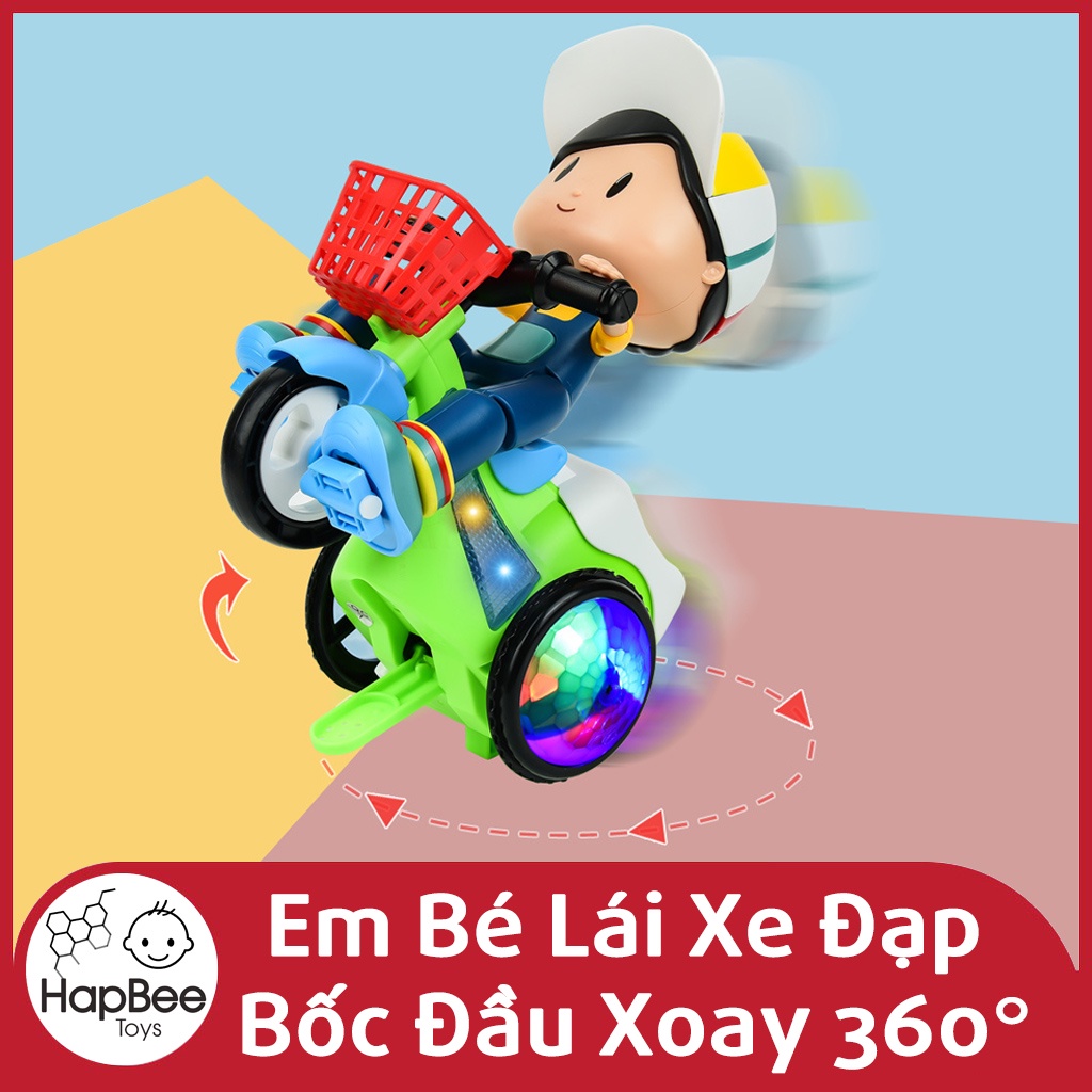 Đồ chơi em bé lái xe đạp bốc đầu xoay 360 độ phát đèn led nháy có nhạc vui nhộn 🐝 HapBee 🐝