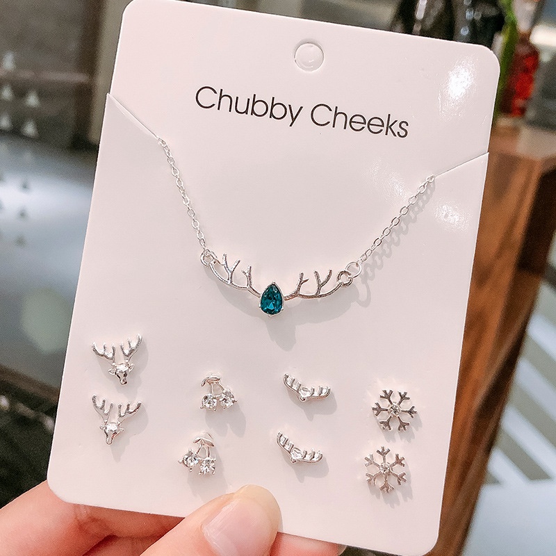 Set Vòng Cổ Mặt Hươu Và Khuyên Tai Dạng Hạt 9 Món Màu Bạc Đính Pha Lê Thời Trang Làm Quà Tặng Cho Nữ