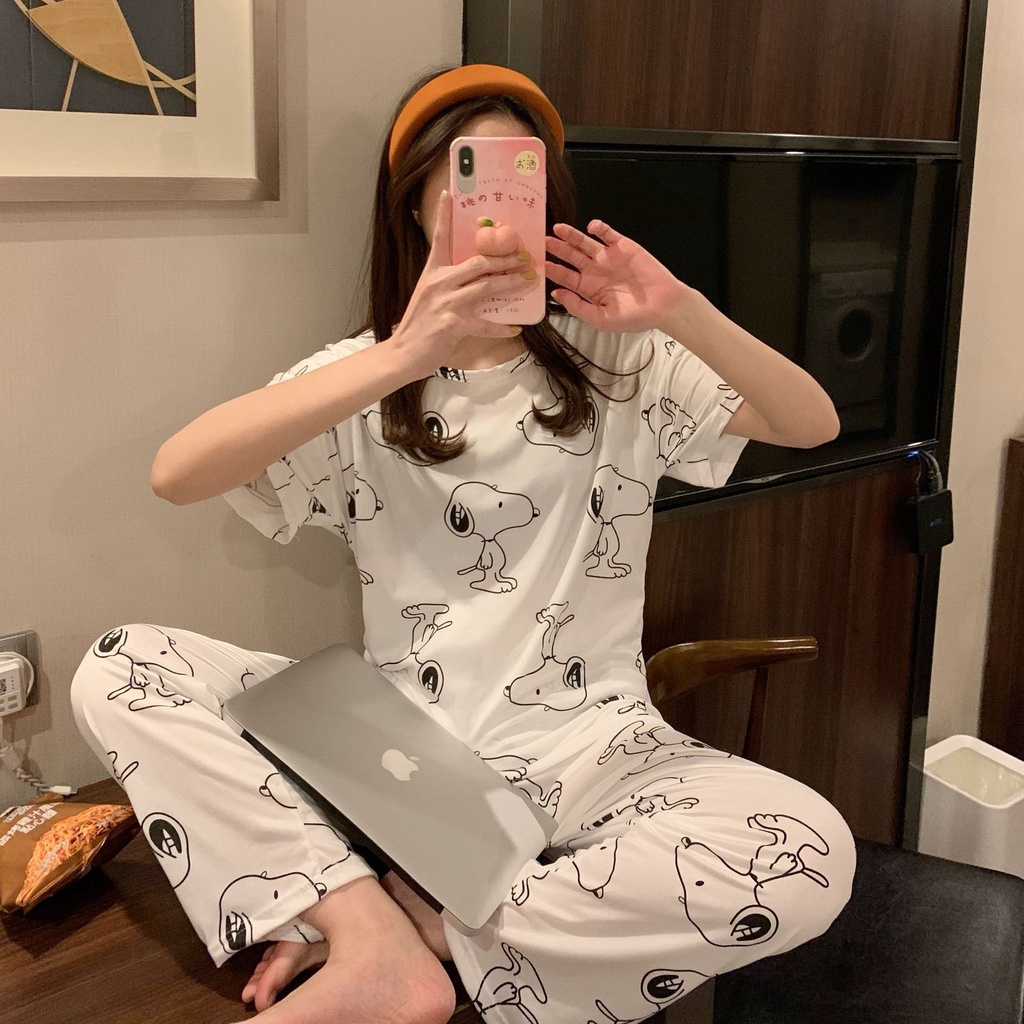 Set đồ ngủ Snoopy tay ngắn quần dài cotton DN078 (có ảnh thật)