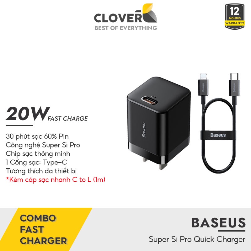Bộ Sạc Nhanh iP BASEUS Super Si Pro Kích Thước Nhỏ Gọn Chân Gập Tiện Lợi Sạc Nhanh 20W Cho iP 11 12 13 Pro Max Cloverb