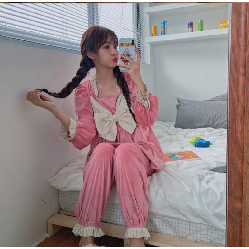 Bộ ngủ nhung phối nơ tay bèo