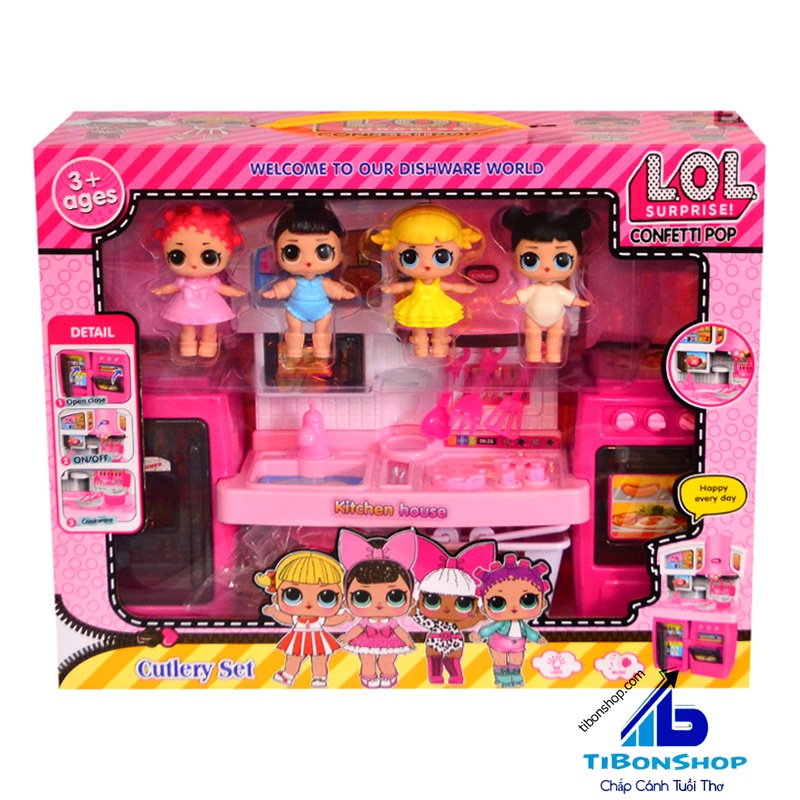 Bộ đồ chơi nhà bếp + Kèm 4 búp bê LOL - Dùng pin, có đèn, âm thanh 585-9A