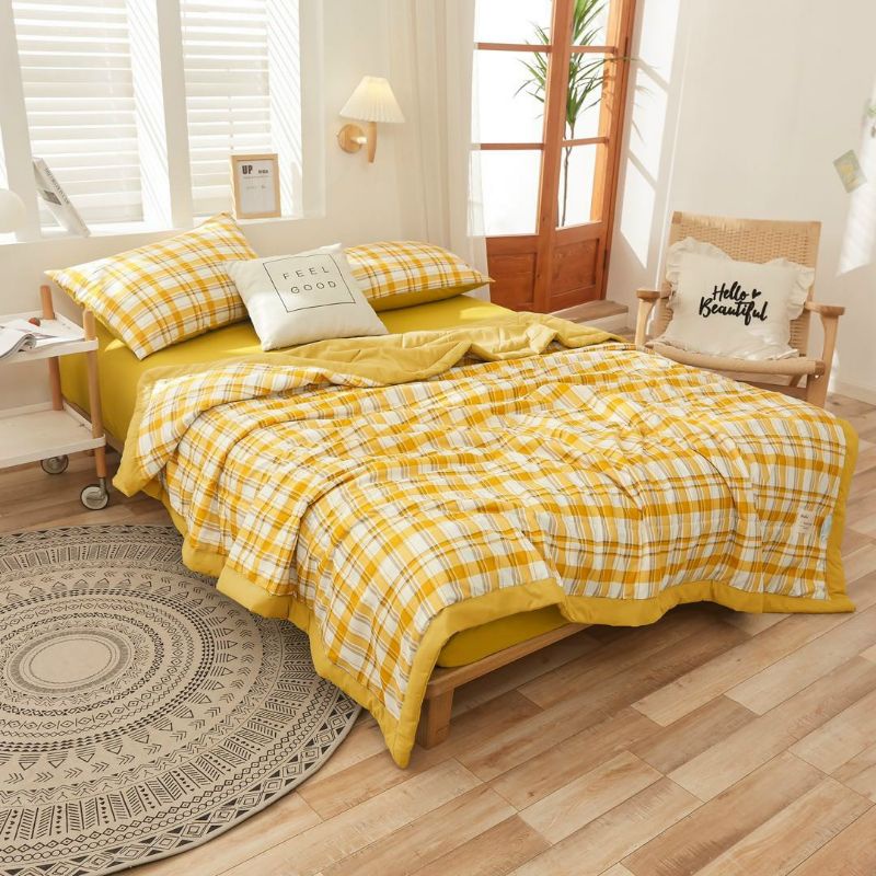 Bộ Chăn Ga Gối Caro Vàng Cotton Tici Chăn Chần Bông Nhập Khẩu