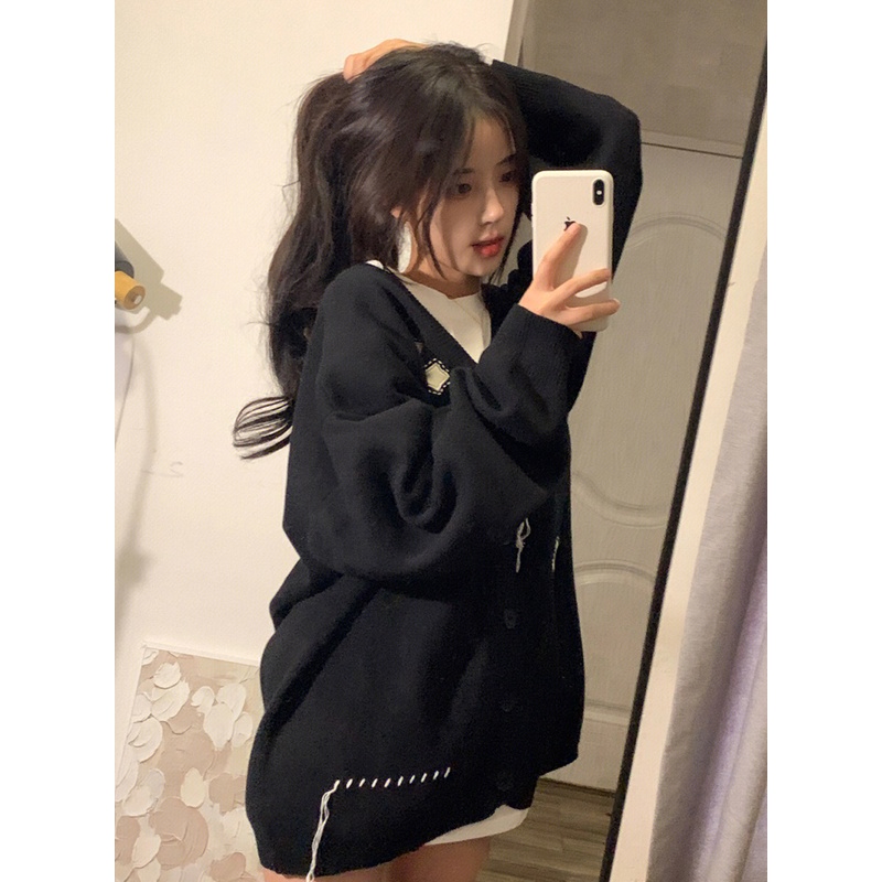 Áo khoác cardigan len nữ form rộng, áo cardigan len màu đen dày dặn