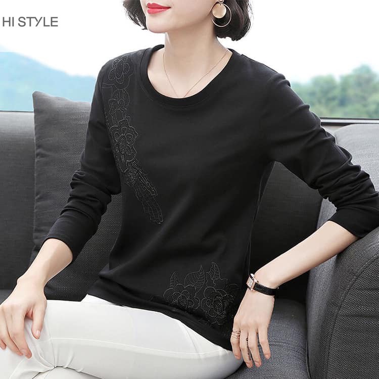 [Có size to] Áo trung niên đính đá thêu hoa 95% cotton mỏng áo dài tay form suông cỡ lớn big size