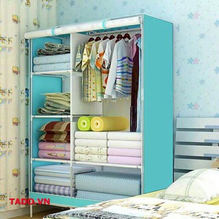 Tủ vải đựng treo quần áo 2 buồng 6 ngăn tiện dụng lắp ghép để trong phòng GD665 (màu ngẫu nhiên)