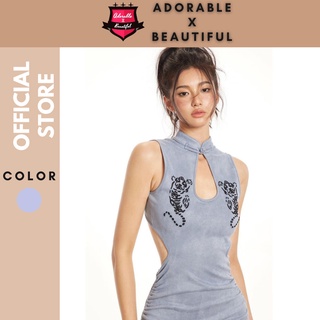 [Ảnh Thật] Đầm Nhung Xanh Cổ Tàu Rút Dây Họa Tiết Hở Lưng Phong Cách Ulzzang Hot Trend [AdorablexBeautiful]