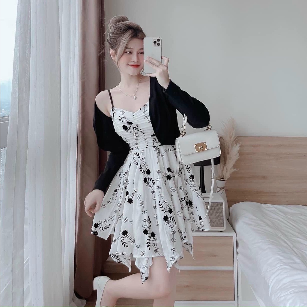 Váy đầm nữ dáng xòe 2 dây in họa tiết chất liệu voan mềm mại kèm áo khoác ngắn tay dài xinh xắn
