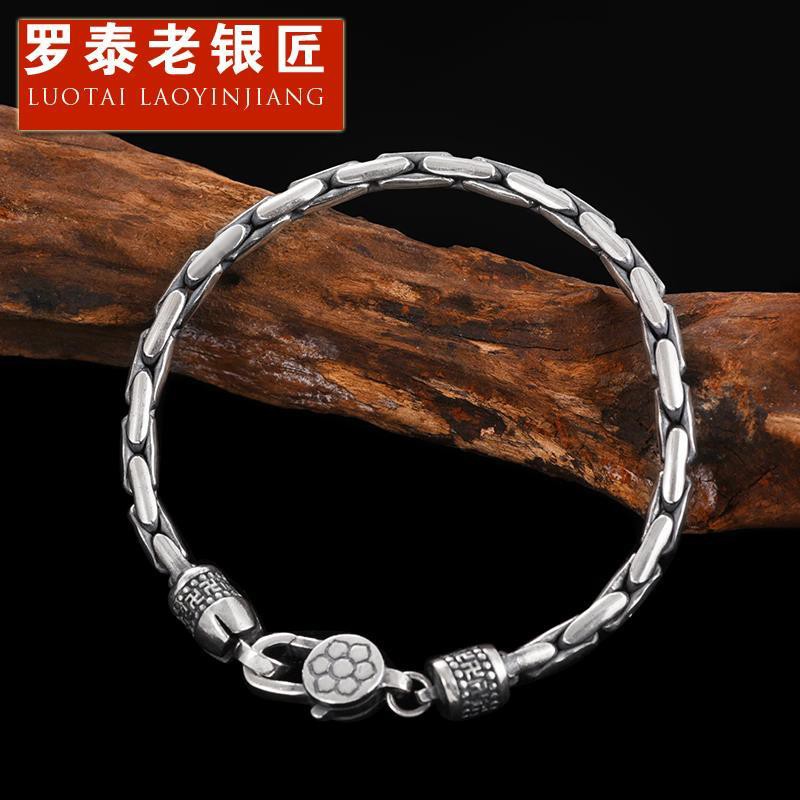Luotai Old Silversmith 925 Bạc Nam Xương Rắn Vòng Tay Retro Thời Gian Đơn Giản Cơ Thể Nam Phiên Bản 