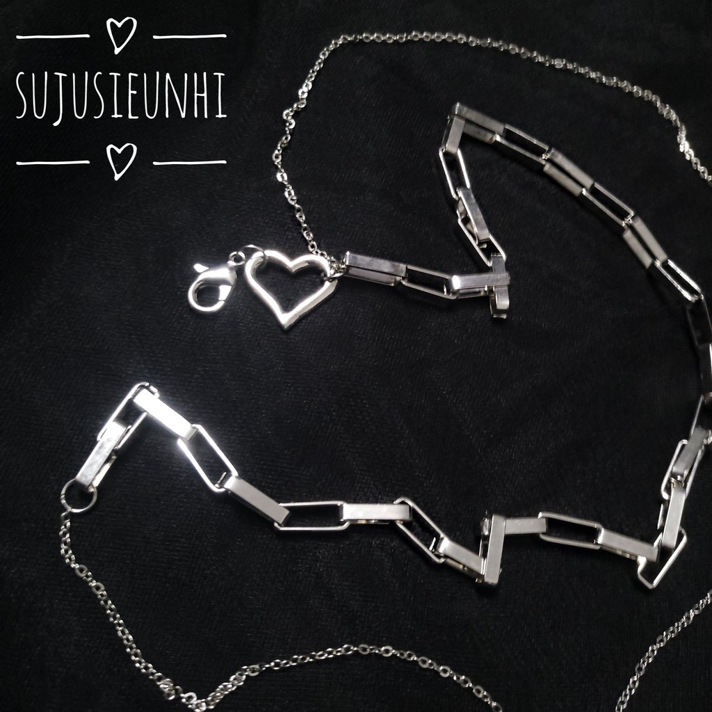 Vòng cổ choker dây đôi xích dài phối hình trái tim nữ tính