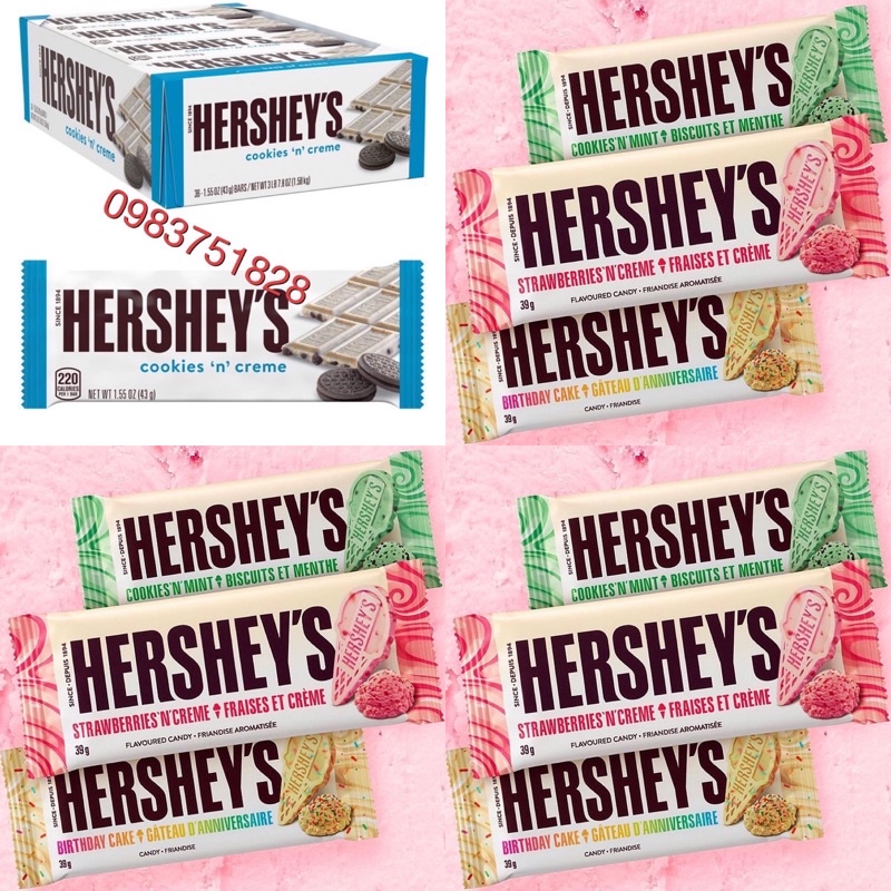 Kẹo Socola Hershey’s Cookies’n Creme ,Mint,Cake,Dâu- Mỹ ( có bán lẻ thanh)