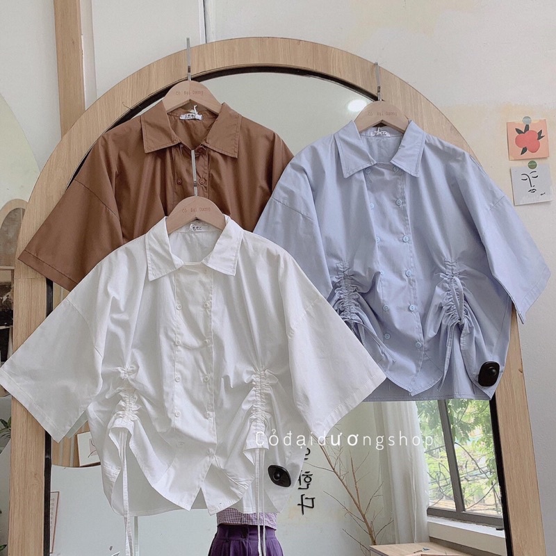 Áo Croptop Sơ Mi Cộc Tay Thiết Kế Dây Rút Nữ Tính Ngọt Ngào