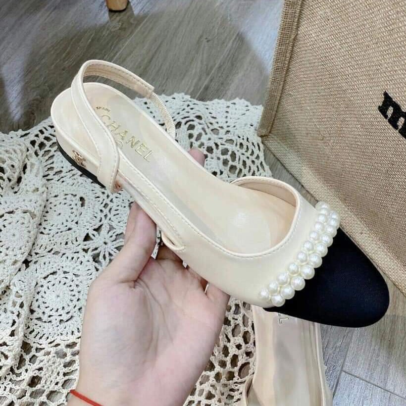 [HOT] SANDAL nữ đế bệt phối màu kem và đen đính ngọc tiểu thư sang chảnh_MT 0015