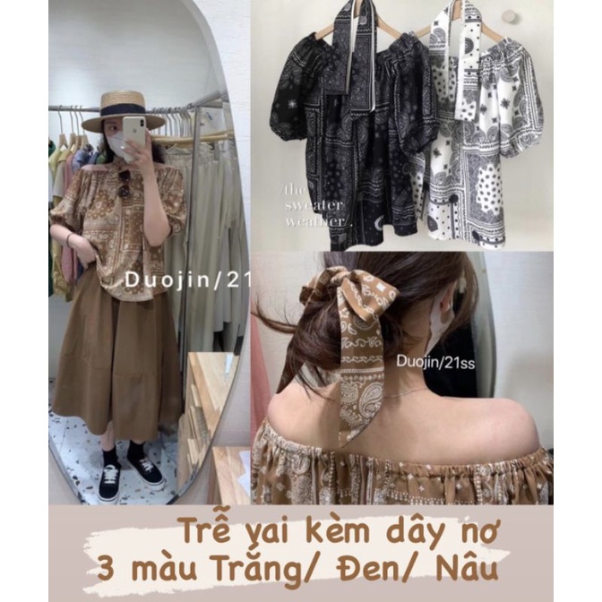 Áo trễ vai kèm dây nơ thổ cẩm trẻ trung cá tính