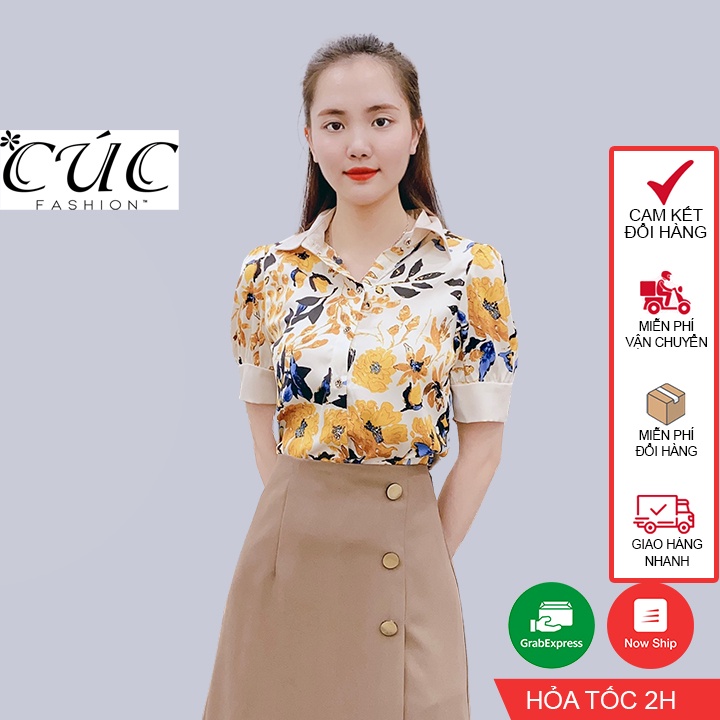 Áo sơ mi nữ CÚC FASHION sơmi kiểu vải lụa họa tiết đen trắng be cao cấp thời trang công sở đẹp áo chữ R tay hến A1112