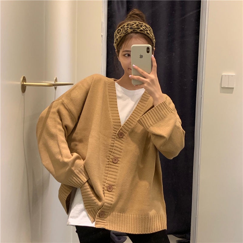 Áo Khoác cardigan Dệt Kim Dáng Rộng Cài Nút Màu Sắc Đơn Giản Phong Cách Hàn Quốc