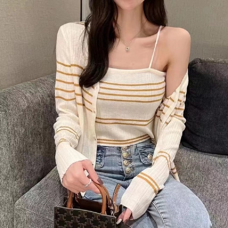 Áo hai dây/Áo khoác cardigan dệt kim ZHELIHANGFEI họa tiết kẻ sọc phong cách quyến rũ thời trang cho nữ