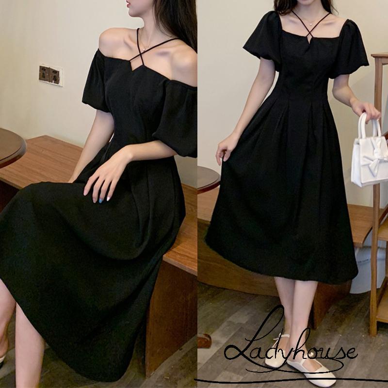 Đầm Midi Lưng Cao Trễ Vai Tay Ngắn Thời Trang Mùa Hè Cho Nữ