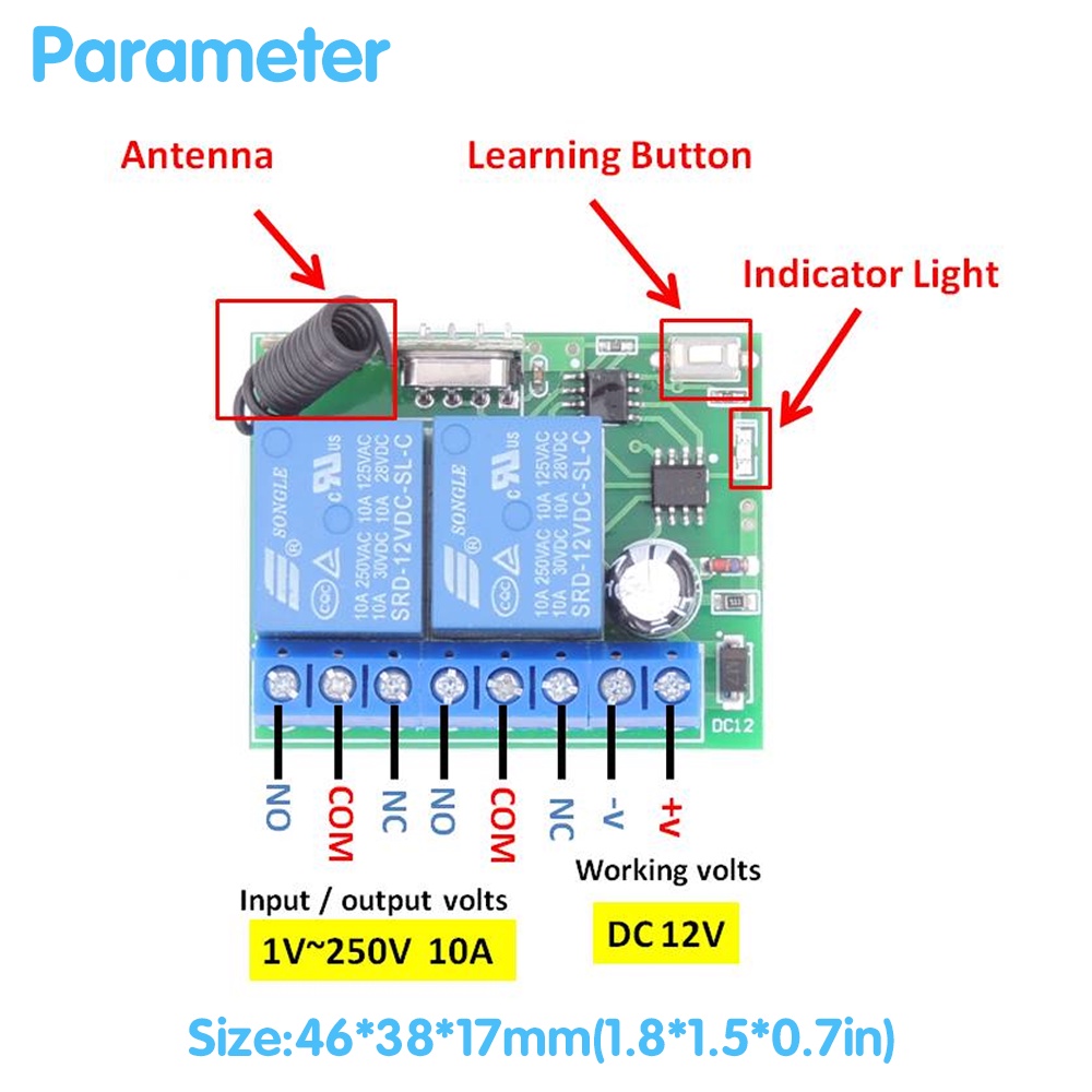 Bộ rơ le không dây và điều khiển thu tín hiệu DIESE phạm vi rộng 433MHz Rf DC12V 10Amp cho gara/cửa/đèn/mô tô/động cơ