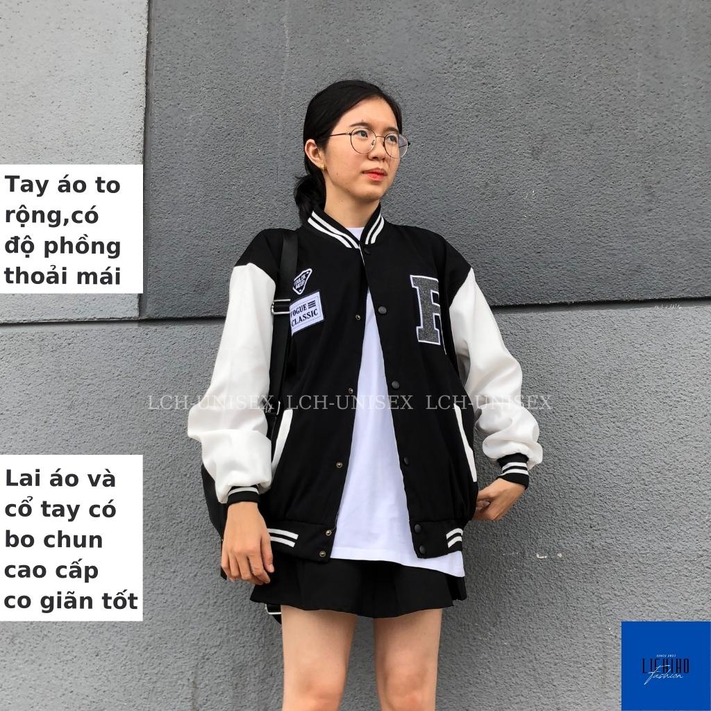 Áo khoác bomber varsity unisex form rộng thêu R chất da lộn mềm mịn jacket bóng chày 2 lớp nam nữ LCH
